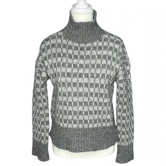 Everlane‎ Grey Checkered Mock Neck Merino Wool Alpaca Blend Sweater Womens XS - Picture 1 of 14
